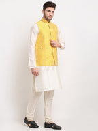 Jompers Men's Mustard Mustard and White Embroidered Nehru Jacket | Grocsy