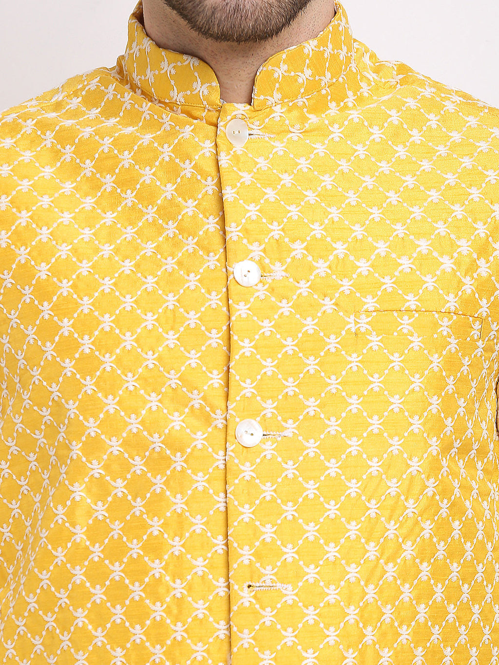 Jompers Men's Mustard Mustard and White Embroidered Nehru Jacket | Grocsy