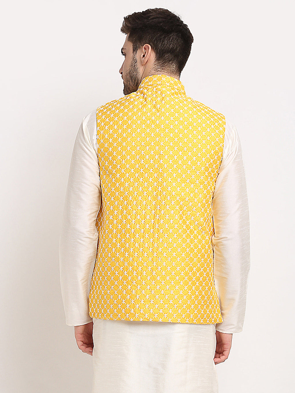 Jompers Men's Mustard Mustard and White Embroidered Nehru Jacket | Grocsy