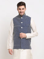 Jompers Men's Navy Blue Navy Blue and White Embroidered Nehru Jacket | Grocsy