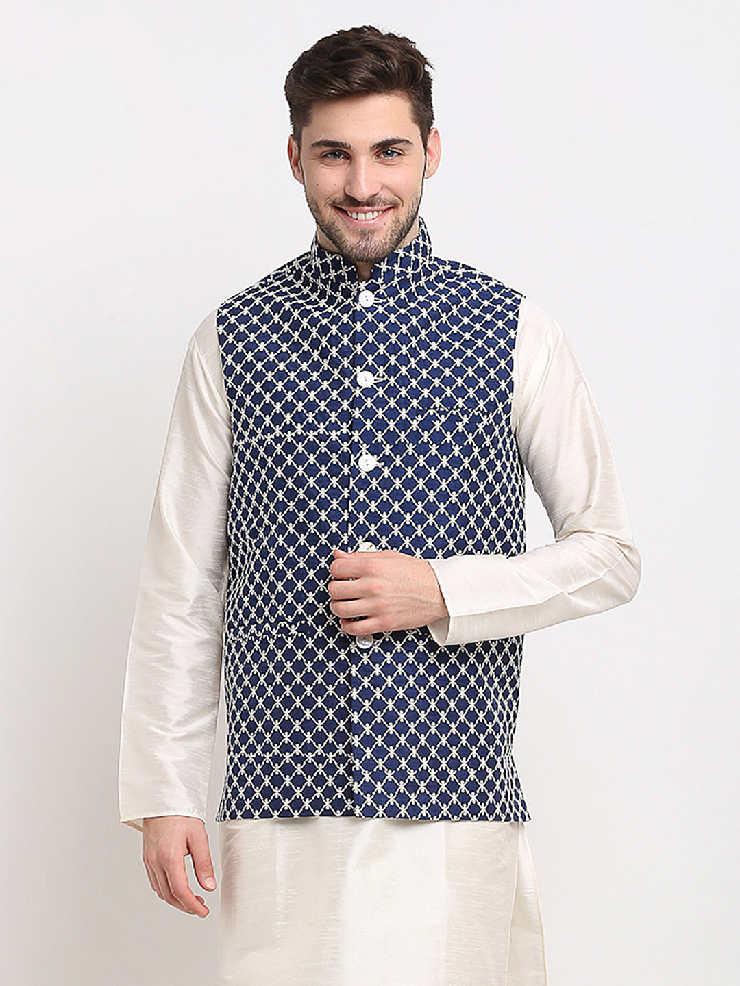 Jompers Men's Navy Blue Navy Blue and White Embroidered Nehru Jacket | Grocsy