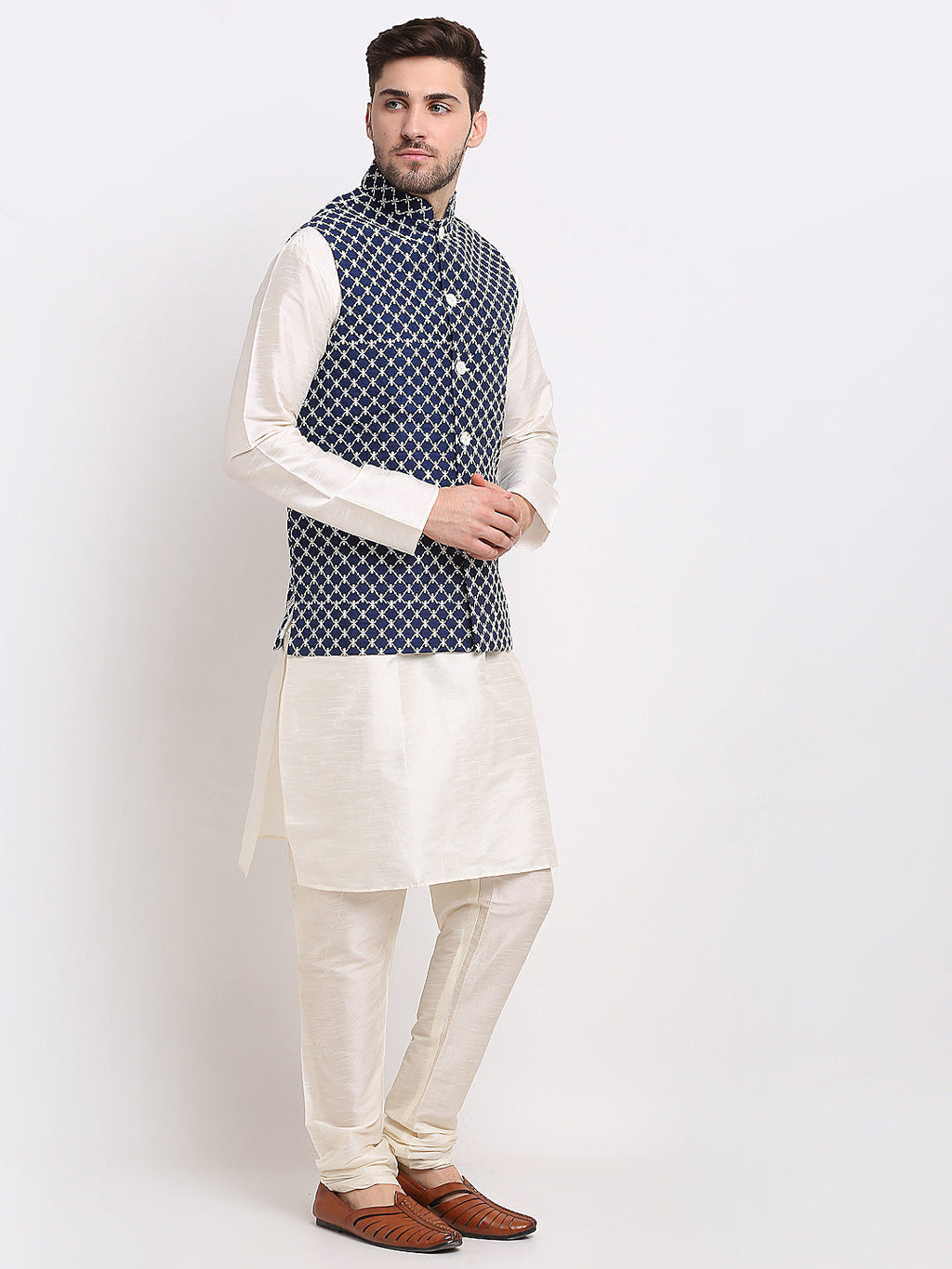 Jompers Men's Navy Blue Navy Blue and White Embroidered Nehru Jacket | Grocsy