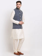 Jompers Men's Navy Blue Navy Blue and White Embroidered Nehru Jacket | Grocsy