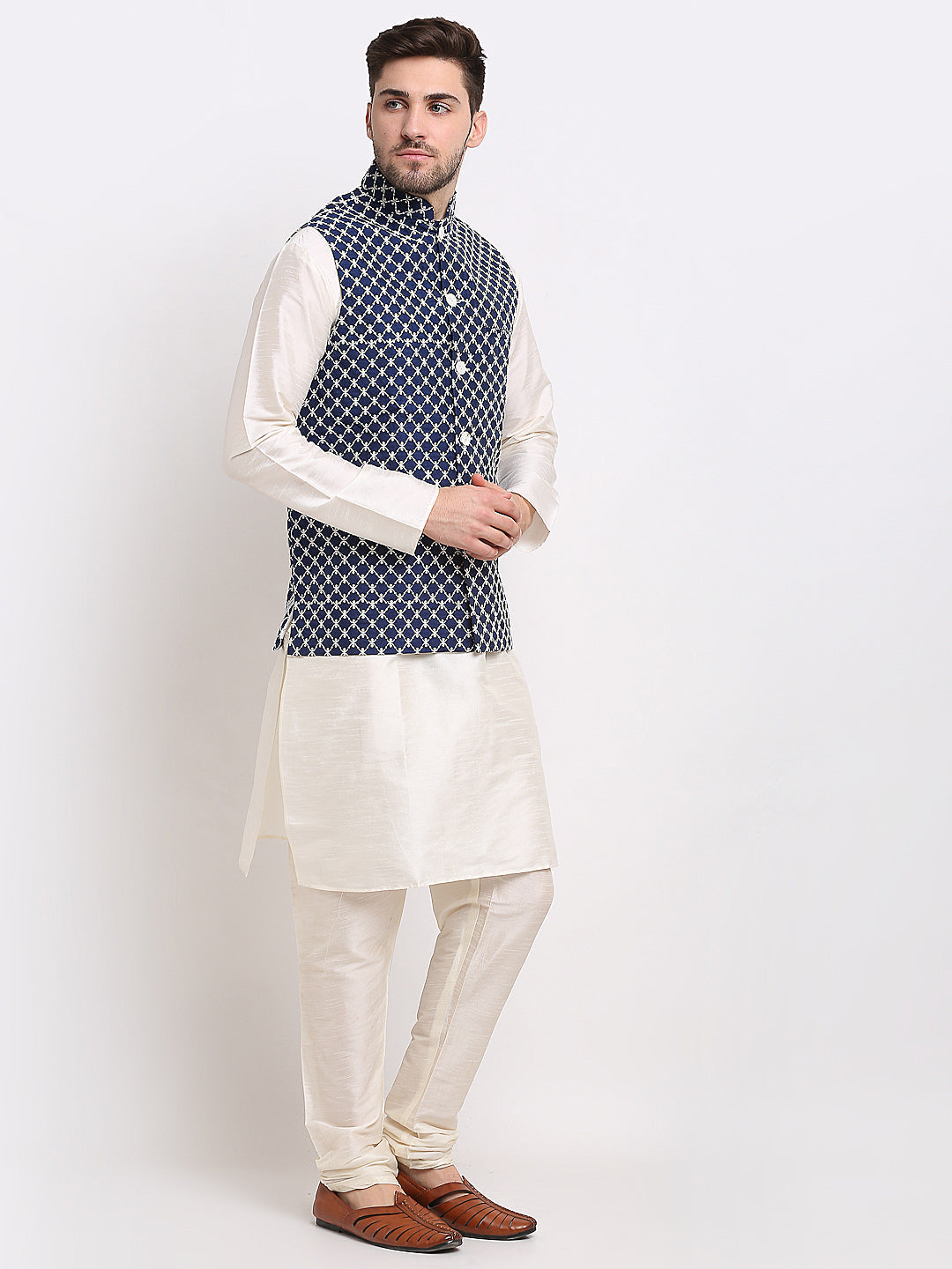 Jompers Men's Navy Blue Navy Blue and White Embroidered Nehru Jacket | Grocsy