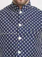 Jompers Men's Navy Blue Navy Blue and White Embroidered Nehru Jacket | Grocsy