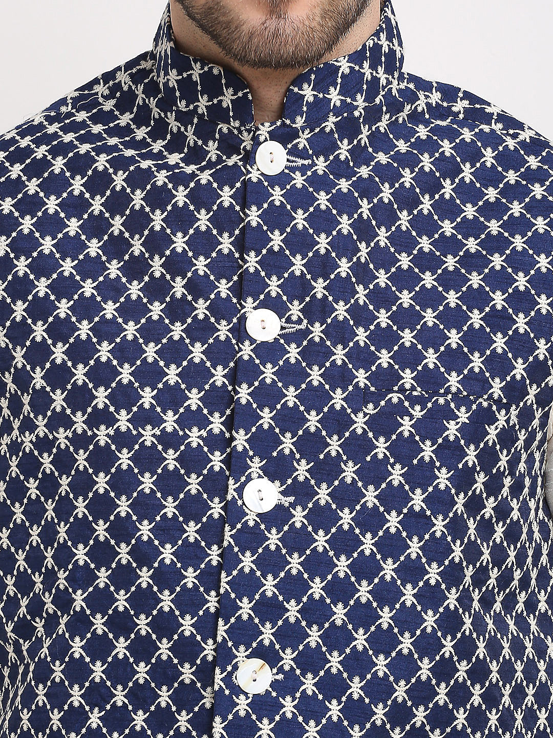 Jompers Men's Navy Blue Navy Blue and White Embroidered Nehru Jacket | Grocsy