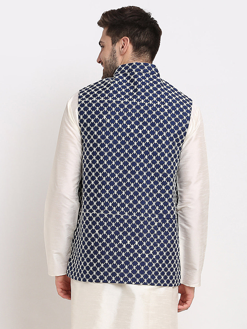 Jompers Men's Navy Blue Navy Blue and White Embroidered Nehru Jacket | Grocsy