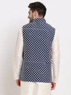 Jompers Men's Navy Blue Navy Blue and White Embroidered Nehru Jacket | Grocsy
