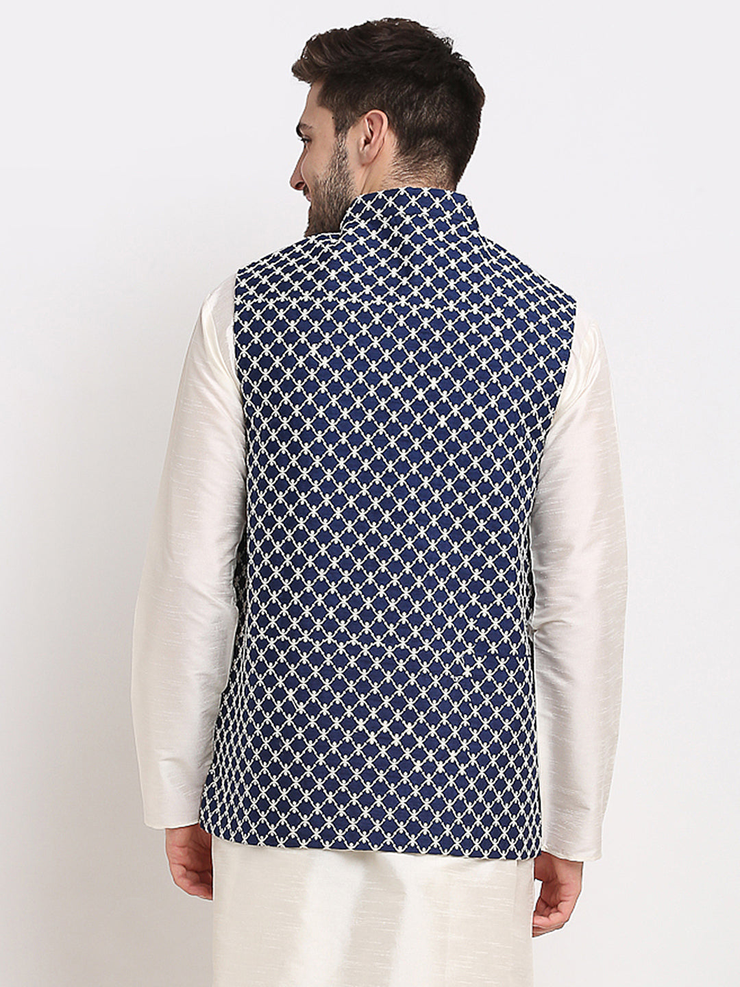 Jompers Men's Navy Blue Navy Blue and White Embroidered Nehru Jacket | Grocsy