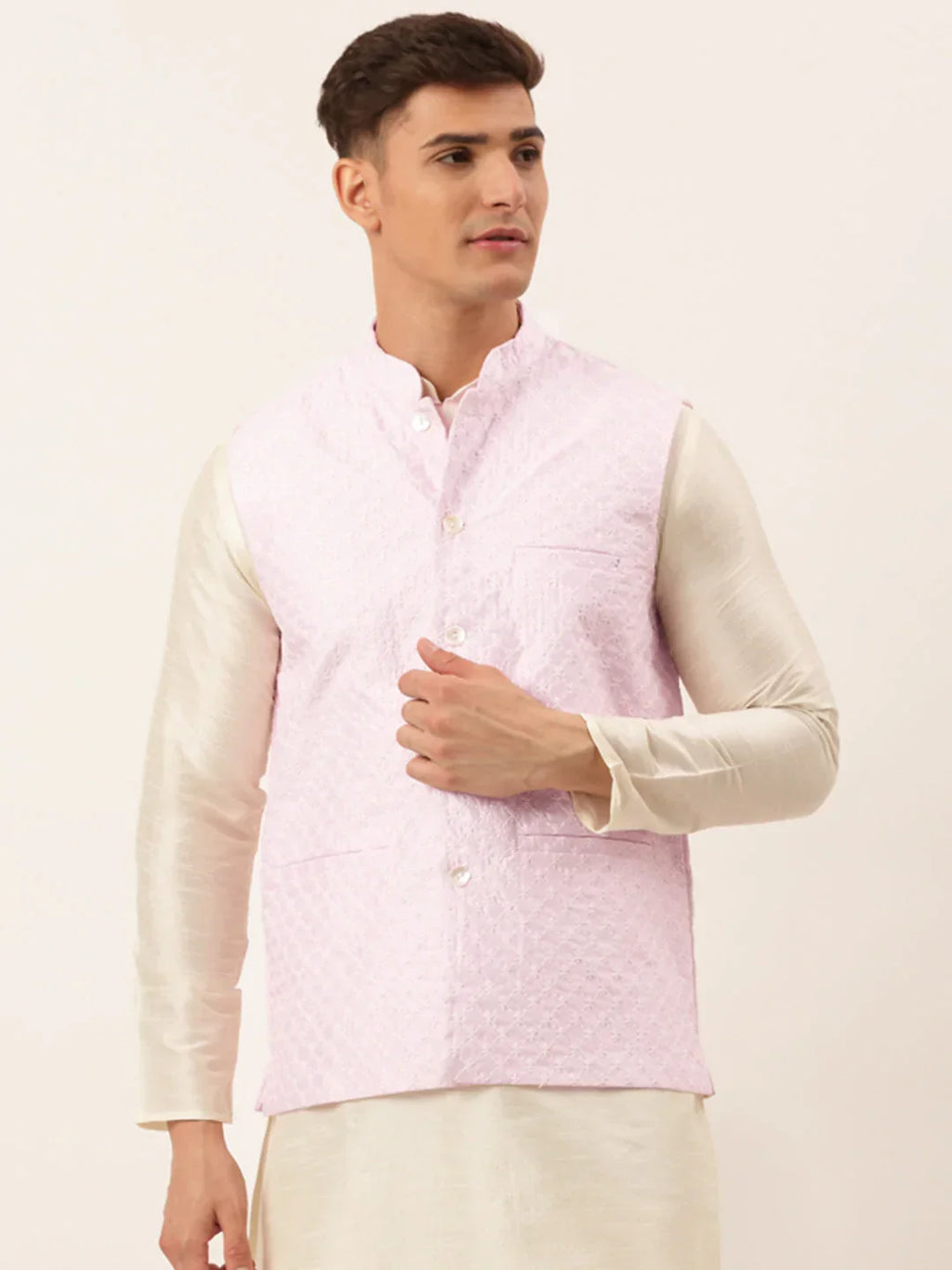 Jompers Men's Pink Pink and White Embroidered Nehru Jacket | Grocsy