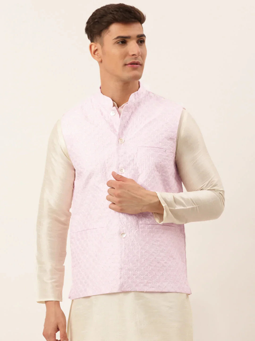 Jompers Men's Pink Pink and White Embroidered Nehru Jacket | Grocsy