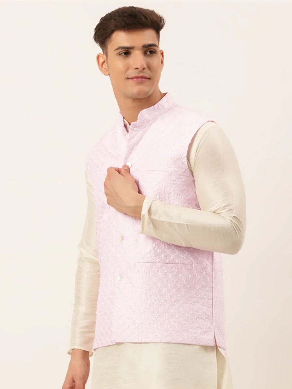 Jompers Men's Pink Pink and White Embroidered Nehru Jacket | Grocsy