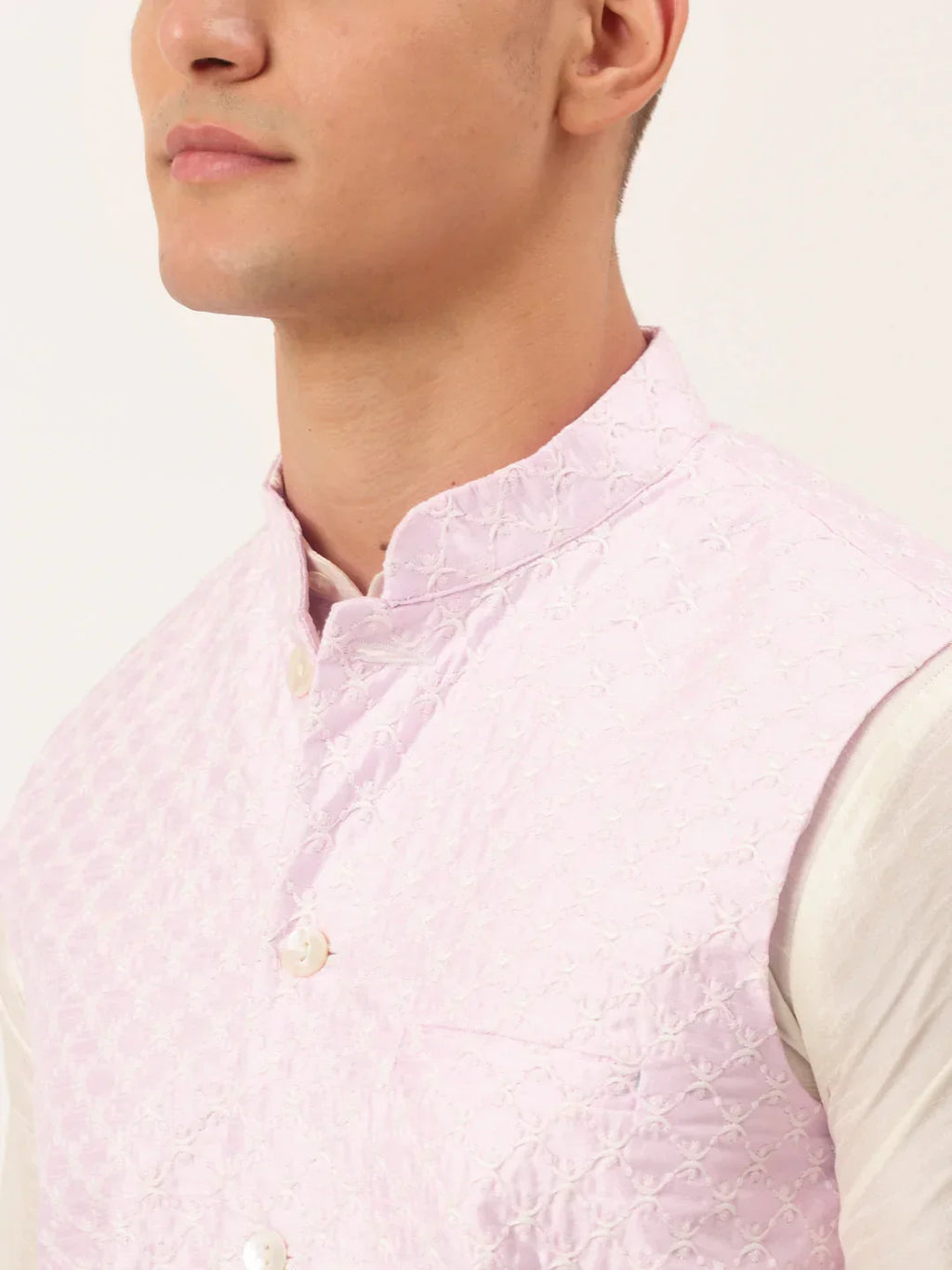 Jompers Men's Pink Pink and White Embroidered Nehru Jacket | Grocsy