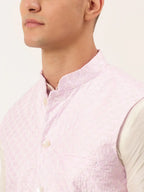 Jompers Men's Pink Pink and White Embroidered Nehru Jacket | Grocsy