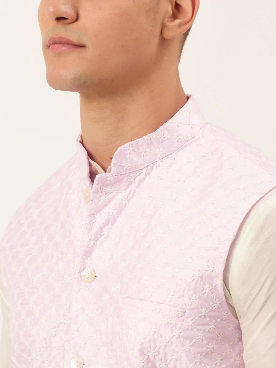 Jompers Men's Pink Pink and White Embroidered Nehru Jacket | Grocsy