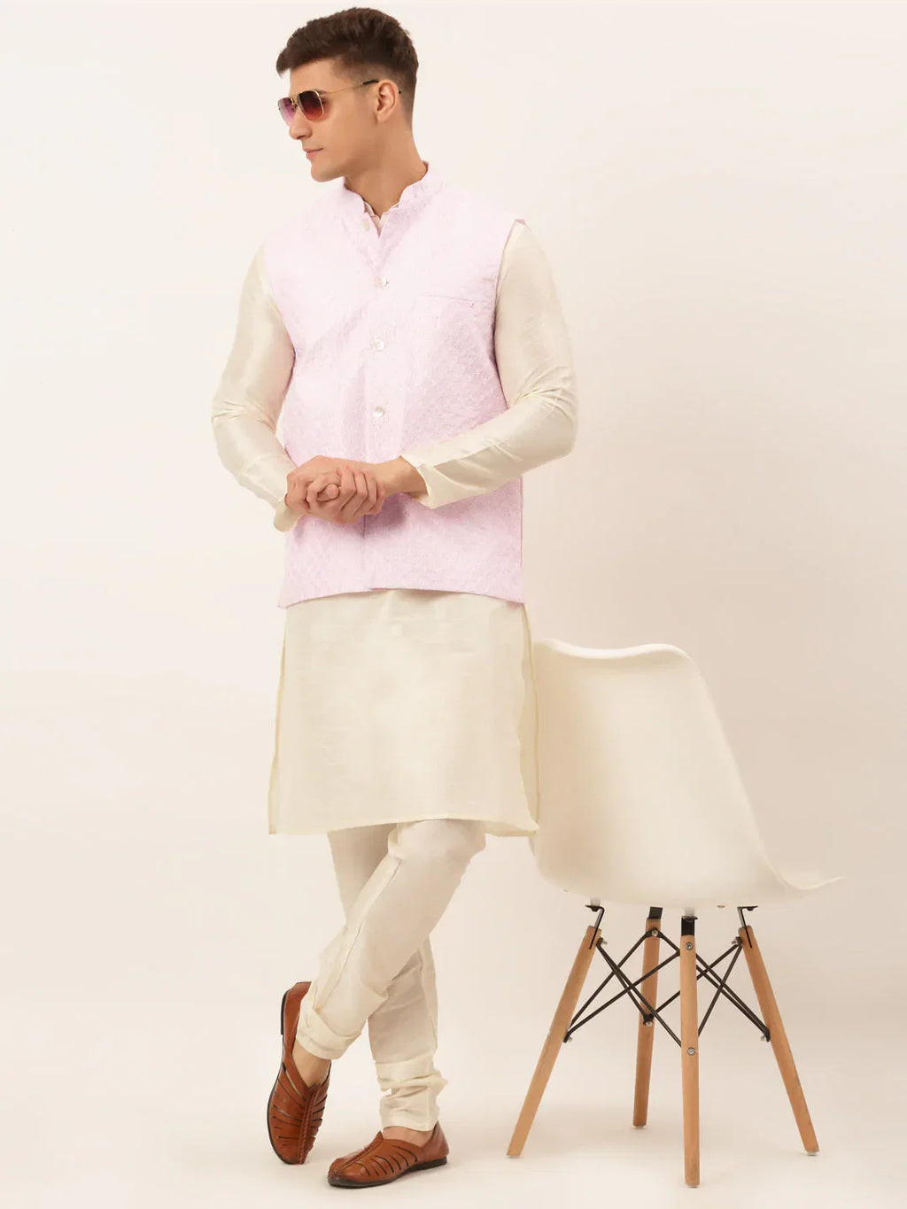 Jompers Men's Pink Pink and White Embroidered Nehru Jacket | Grocsy