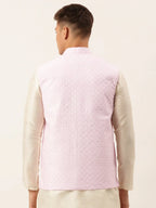 Jompers Men's Pink Pink and White Embroidered Nehru Jacket | Grocsy