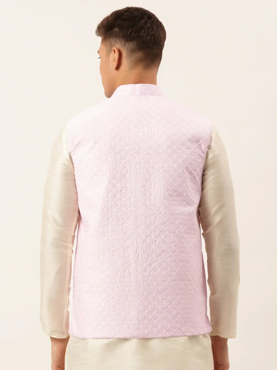 Jompers Men's Pink Pink and White Embroidered Nehru Jacket | Grocsy