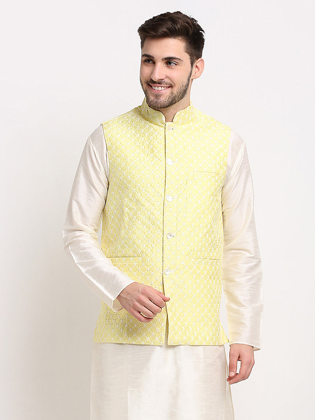 Jompers Men's Yellow Yellow and White Embroidered Nehru Jacket | Grocsy