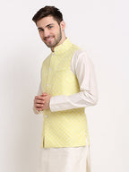 Jompers Men's Yellow Yellow and White Embroidered Nehru Jacket | Grocsy