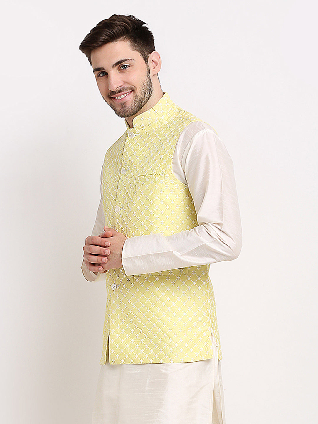 Jompers Men's Yellow Yellow and White Embroidered Nehru Jacket | Grocsy