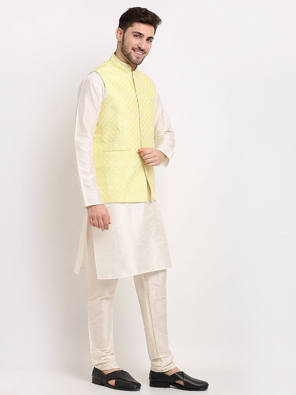 Jompers Men's Yellow Yellow and White Embroidered Nehru Jacket | Grocsy
