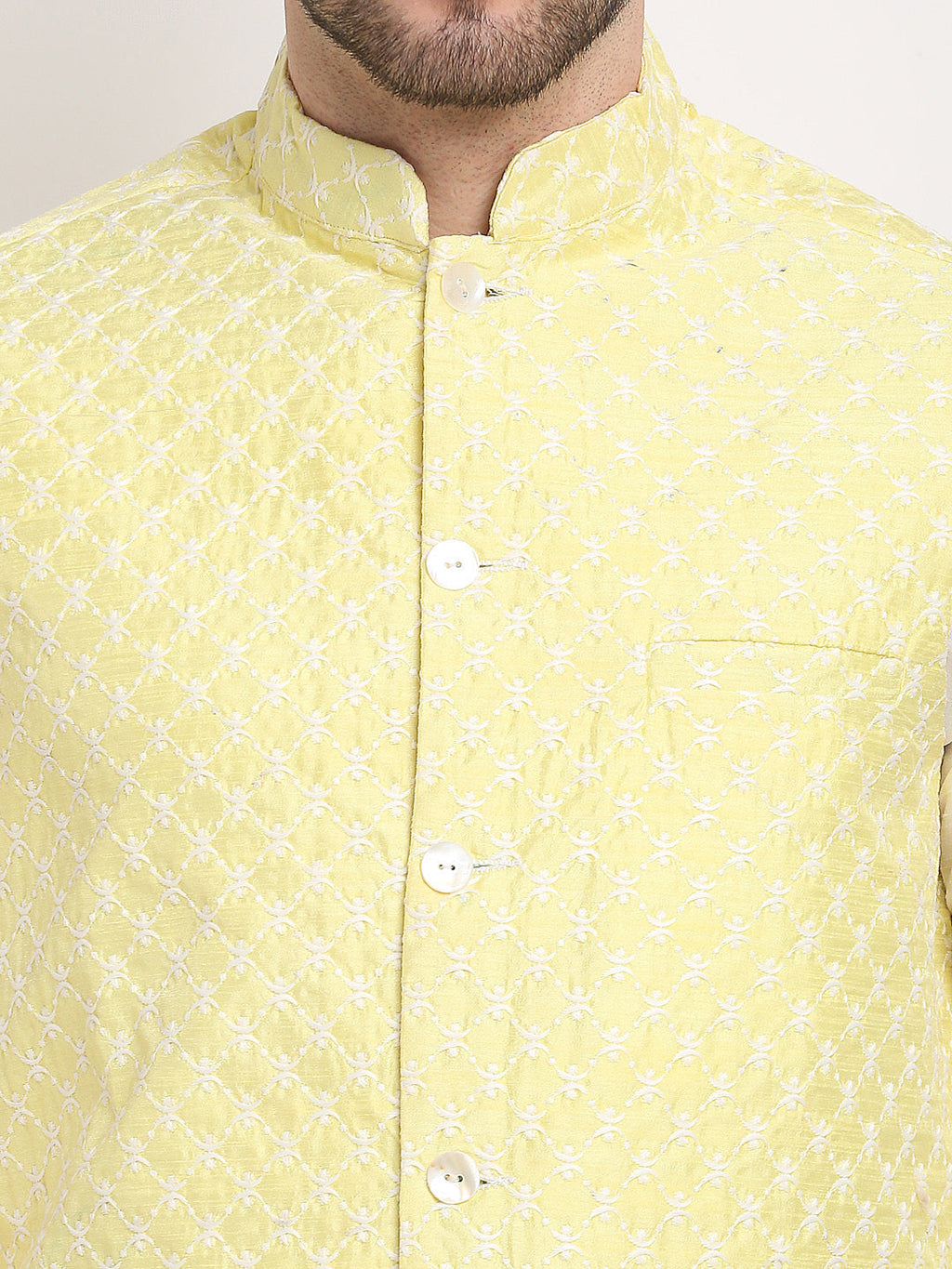 Jompers Men's Yellow Yellow and White Embroidered Nehru Jacket | Grocsy
