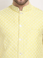 Jompers Men's Yellow Yellow and White Embroidered Nehru Jacket | Grocsy