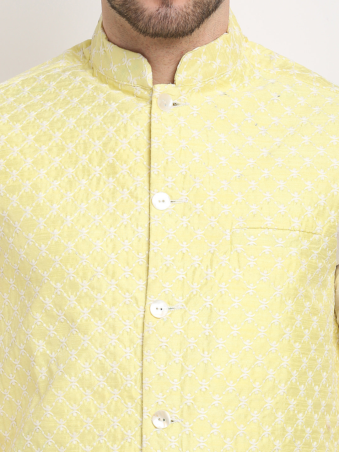 Jompers Men's Yellow Yellow and White Embroidered Nehru Jacket | Grocsy