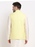 Jompers Men's Yellow Yellow and White Embroidered Nehru Jacket | Grocsy