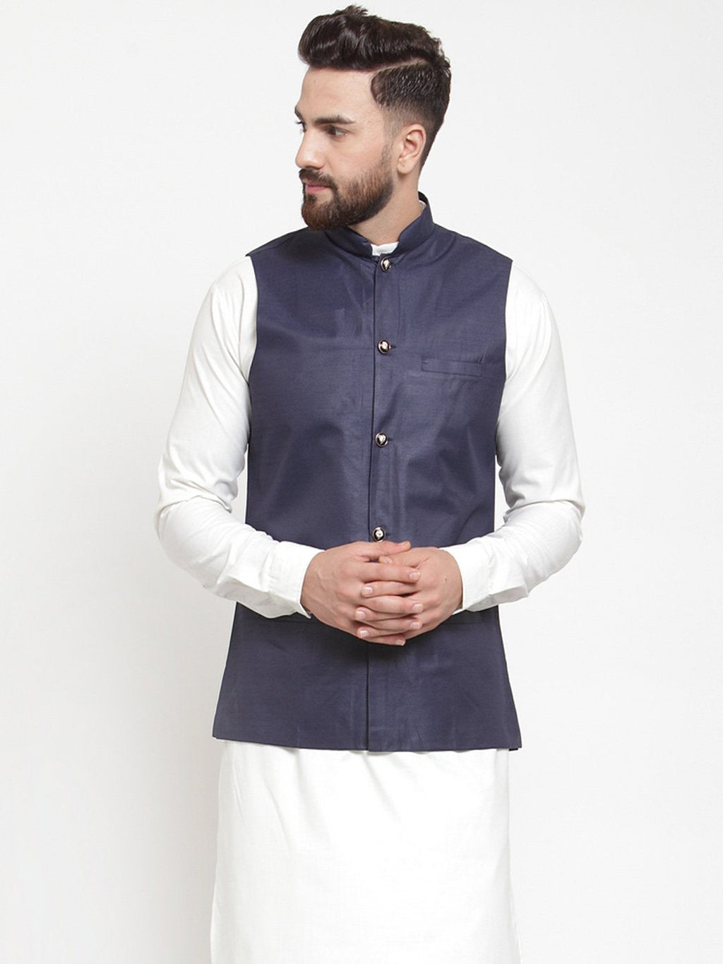 Jompers Men Navy-Blue Solid Nehru Jacket | Grocsy