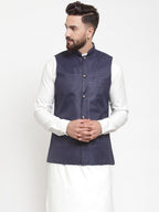 Jompers Men Navy-Blue Solid Nehru Jacket | Grocsy