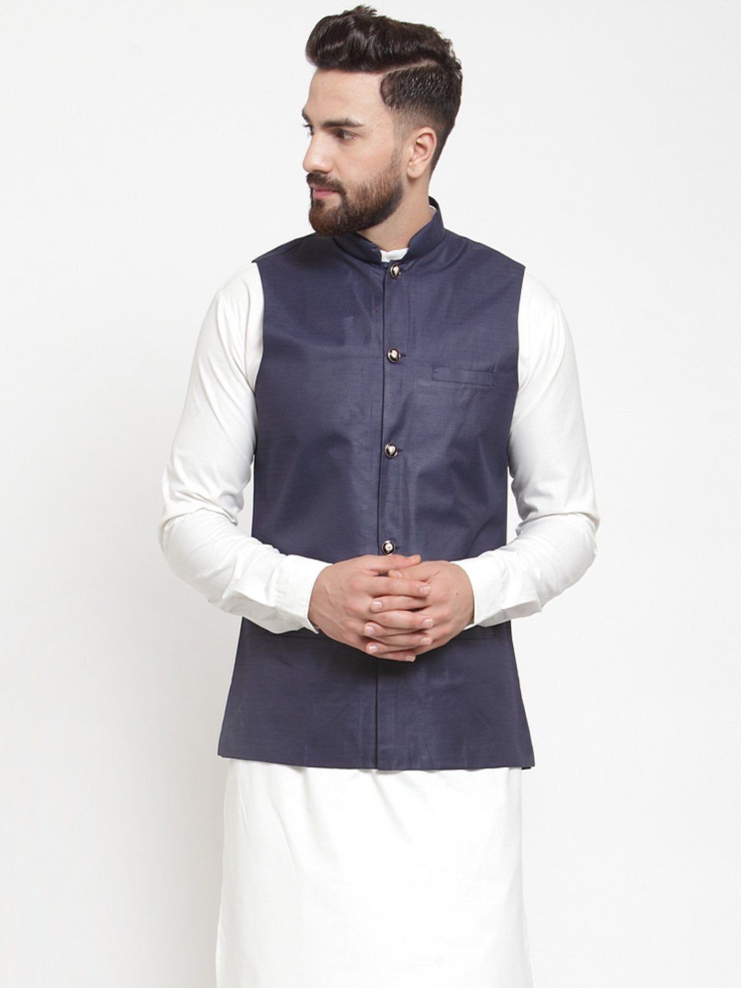Jompers Men Navy-Blue Solid Nehru Jacket | Grocsy