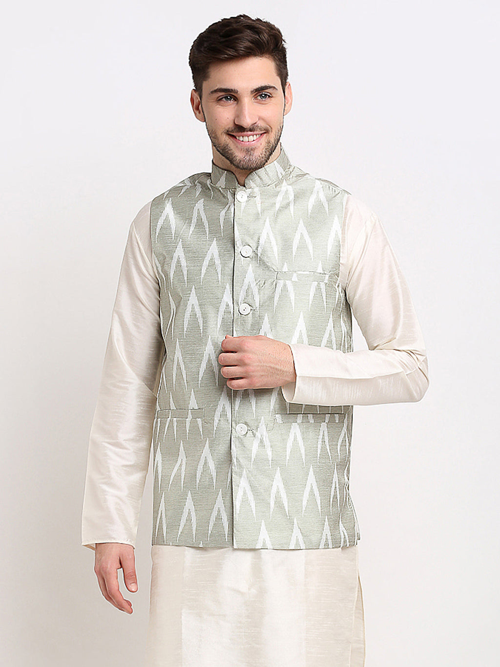 Jompers Men's Grey Ikat Printed Nehru Jacket | Grocsy