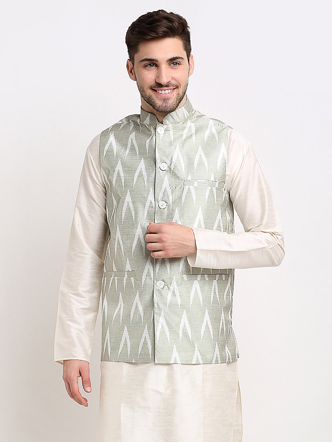 Jompers Men's Grey Ikat Printed Nehru Jacket | Grocsy