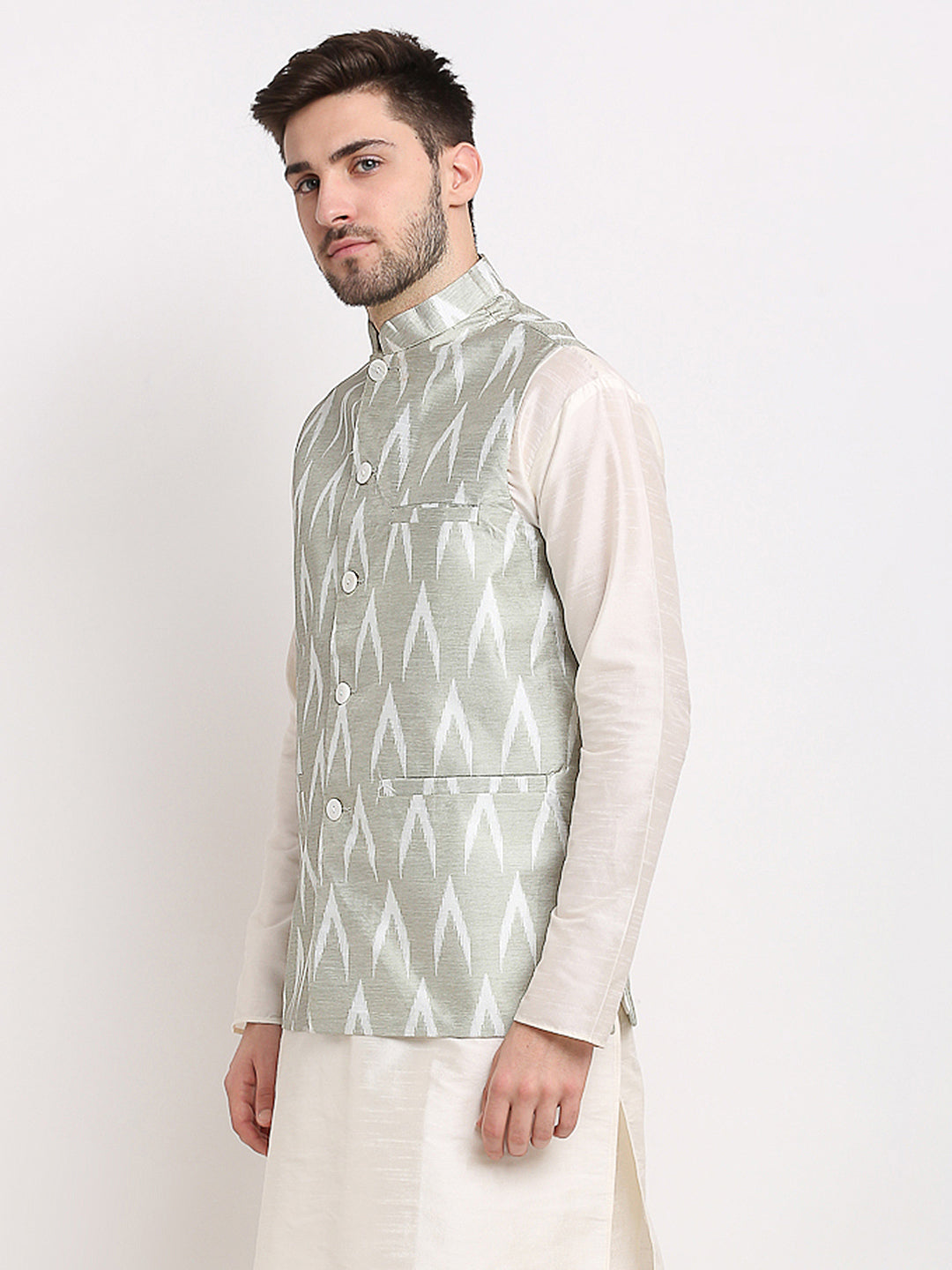 Jompers Men's Grey Ikat Printed Nehru Jacket | Grocsy