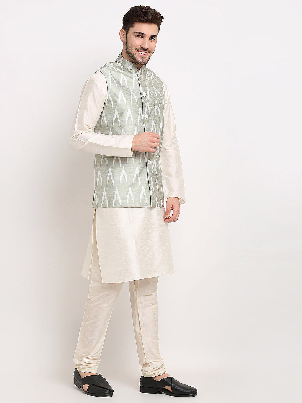 Jompers Men's Grey Ikat Printed Nehru Jacket | Grocsy