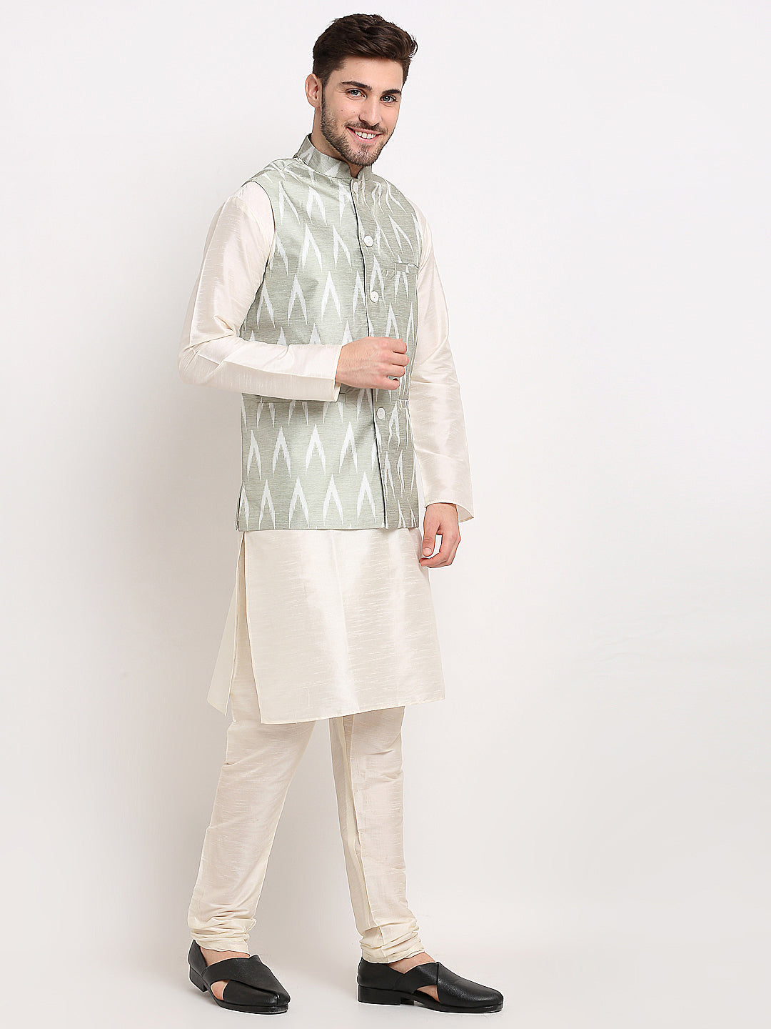 Jompers Men's Grey Ikat Printed Nehru Jacket | Grocsy