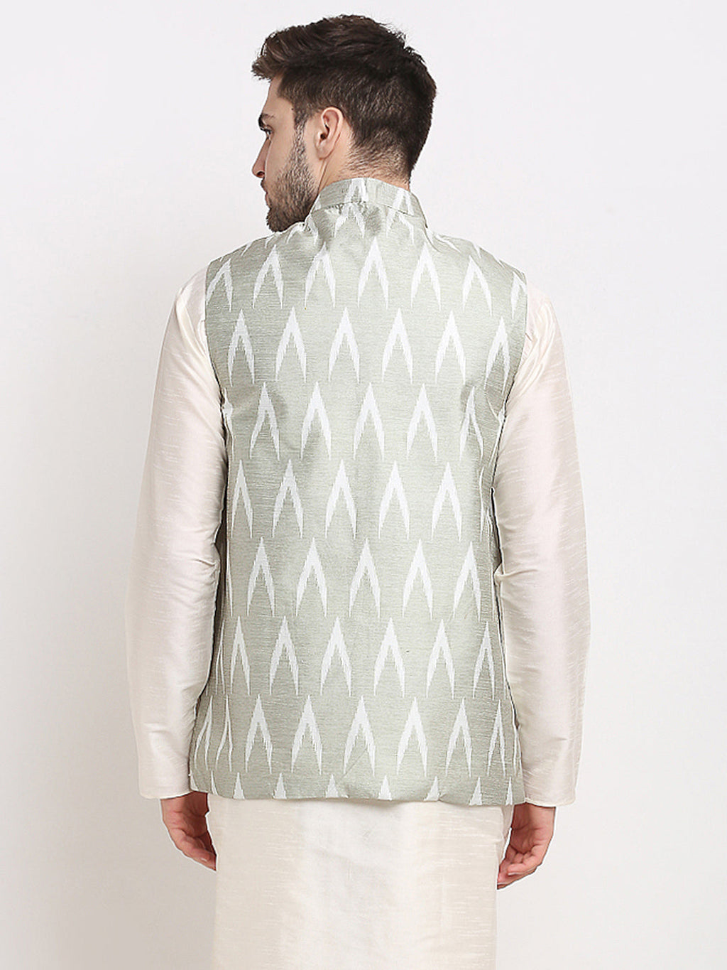 Jompers Men's Grey Ikat Printed Nehru Jacket | Grocsy