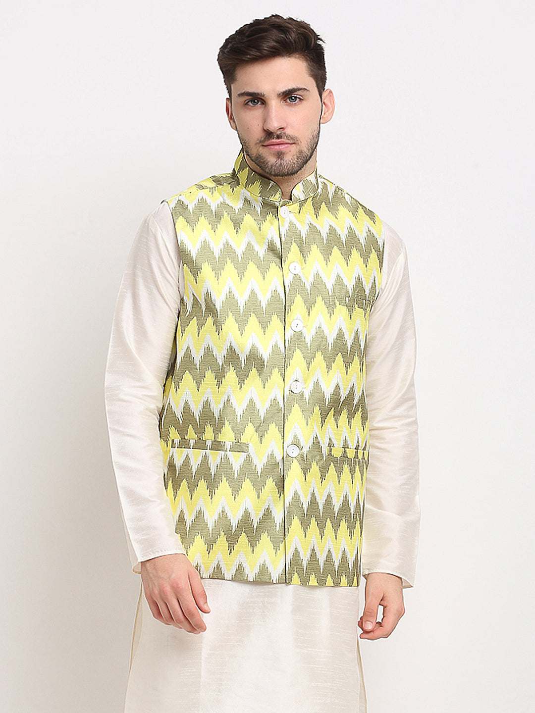 Jompers Men's Olive Ikat Printed Nehru Jacket | Grocsy