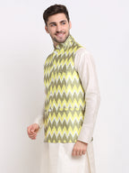 Jompers Men's Olive Ikat Printed Nehru Jacket | Grocsy