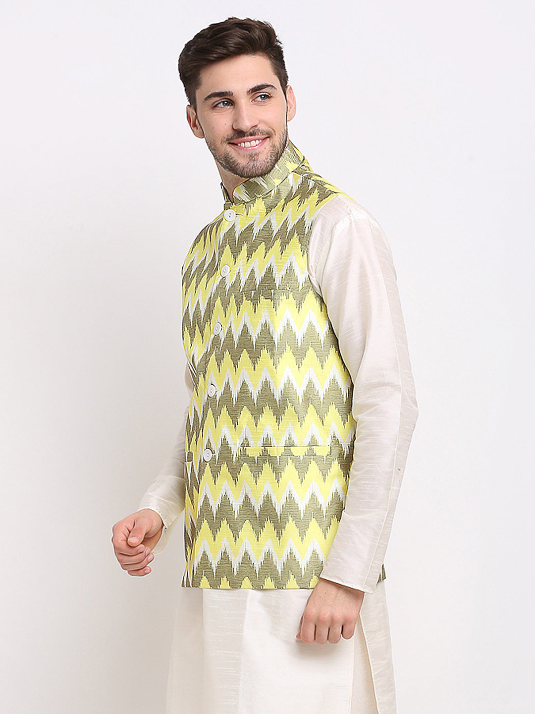 Jompers Men's Olive Ikat Printed Nehru Jacket | Grocsy