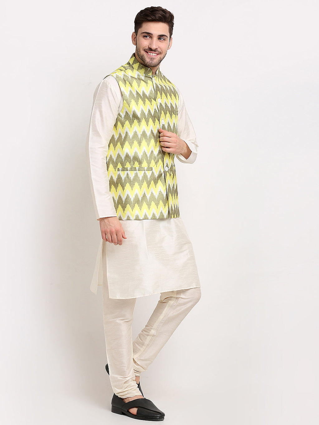 Jompers Men's Olive Ikat Printed Nehru Jacket | Grocsy
