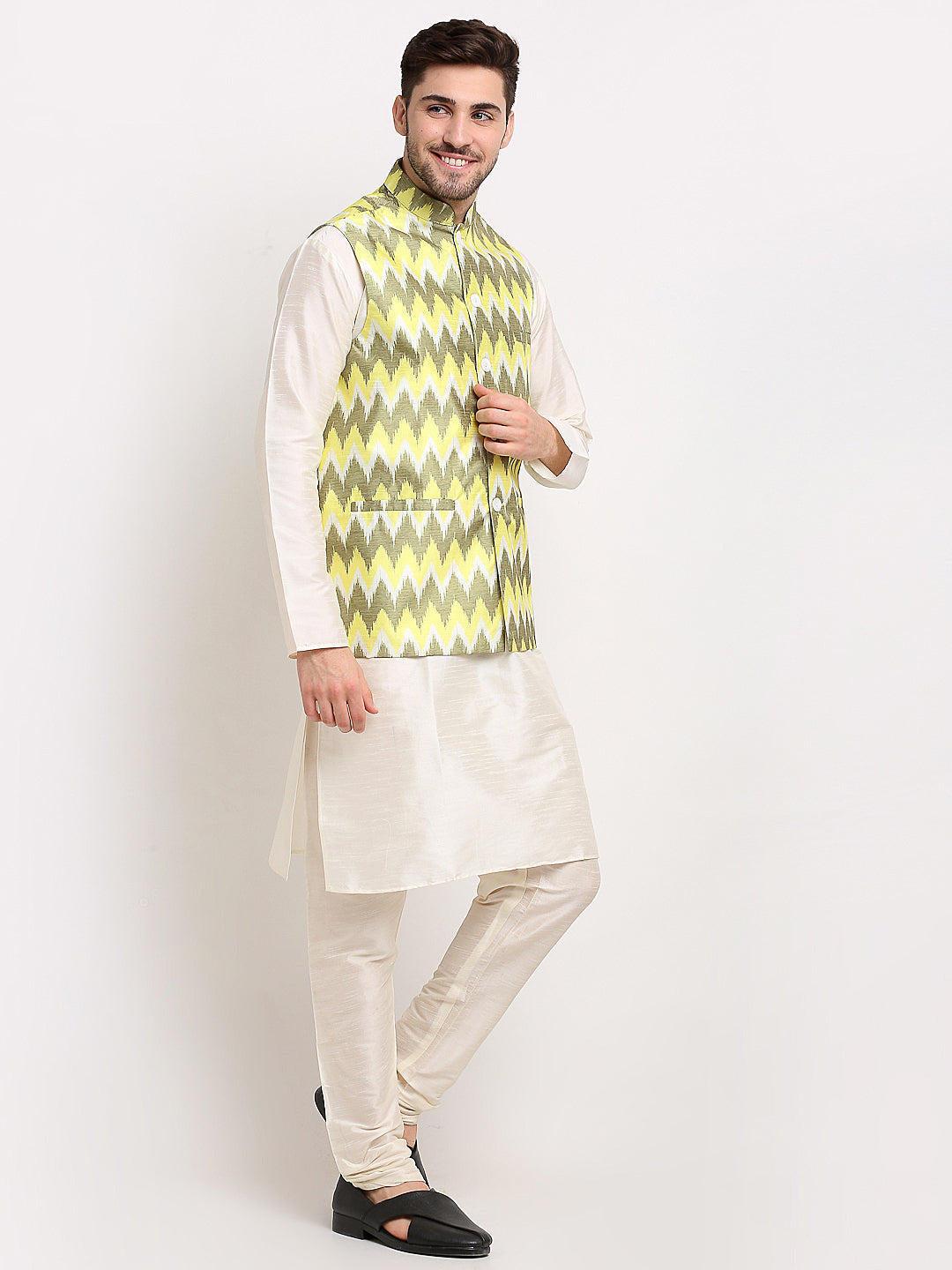 Jompers Men's Olive Ikat Printed Nehru Jacket | Grocsy
