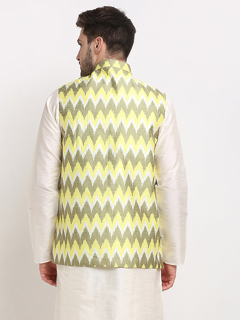 Jompers Men's Olive Ikat Printed Nehru Jacket | Grocsy