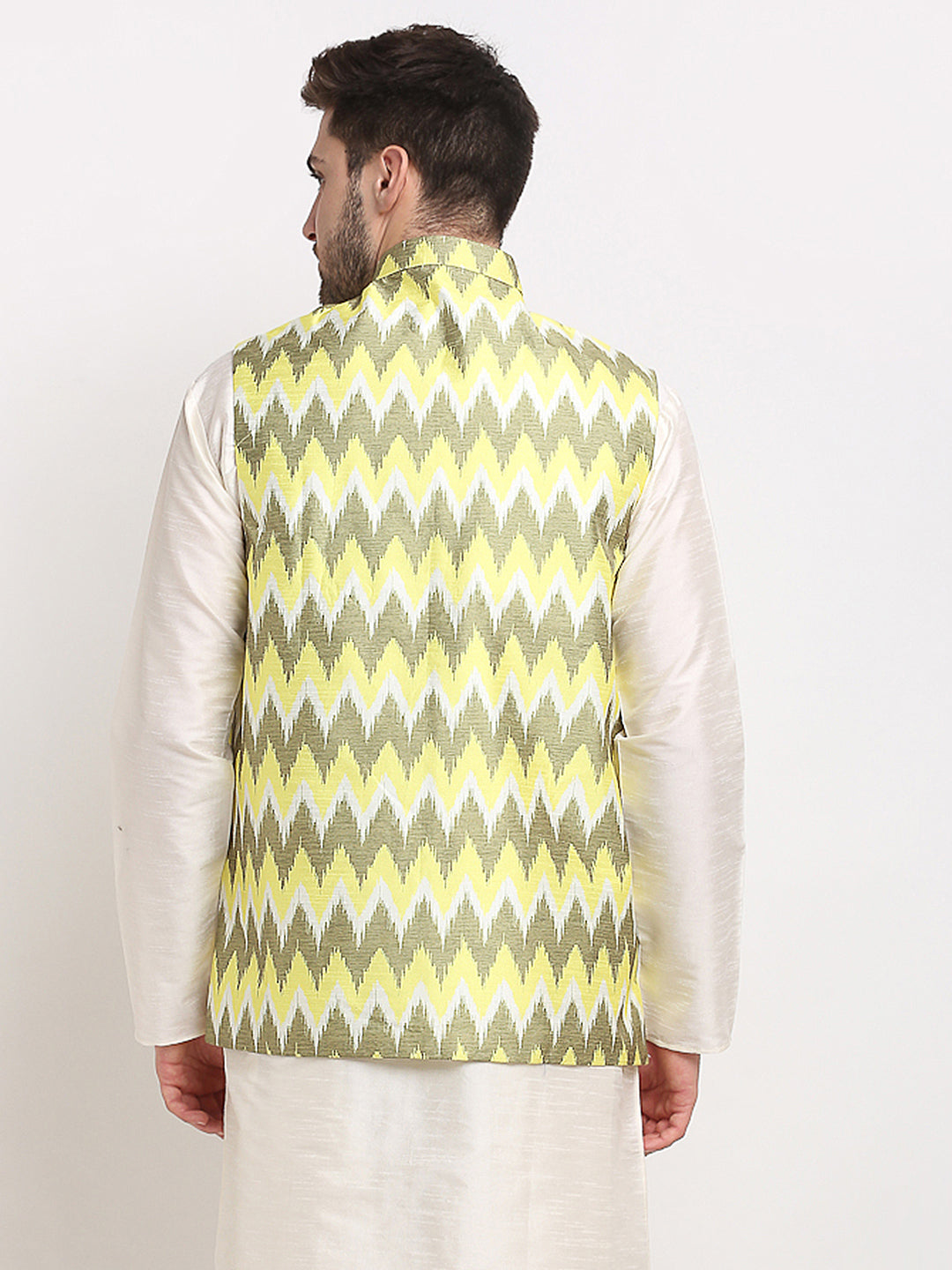 Jompers Men's Olive Ikat Printed Nehru Jacket | Grocsy