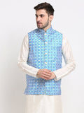 Jompers Men's Blue Ikat Printed Nehru Jacket | Grocsy