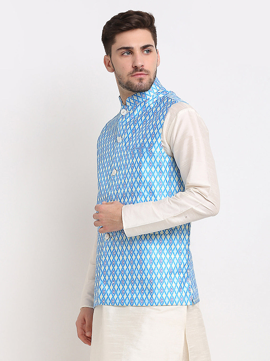 Jompers Men's Blue Ikat Printed Nehru Jacket | Grocsy