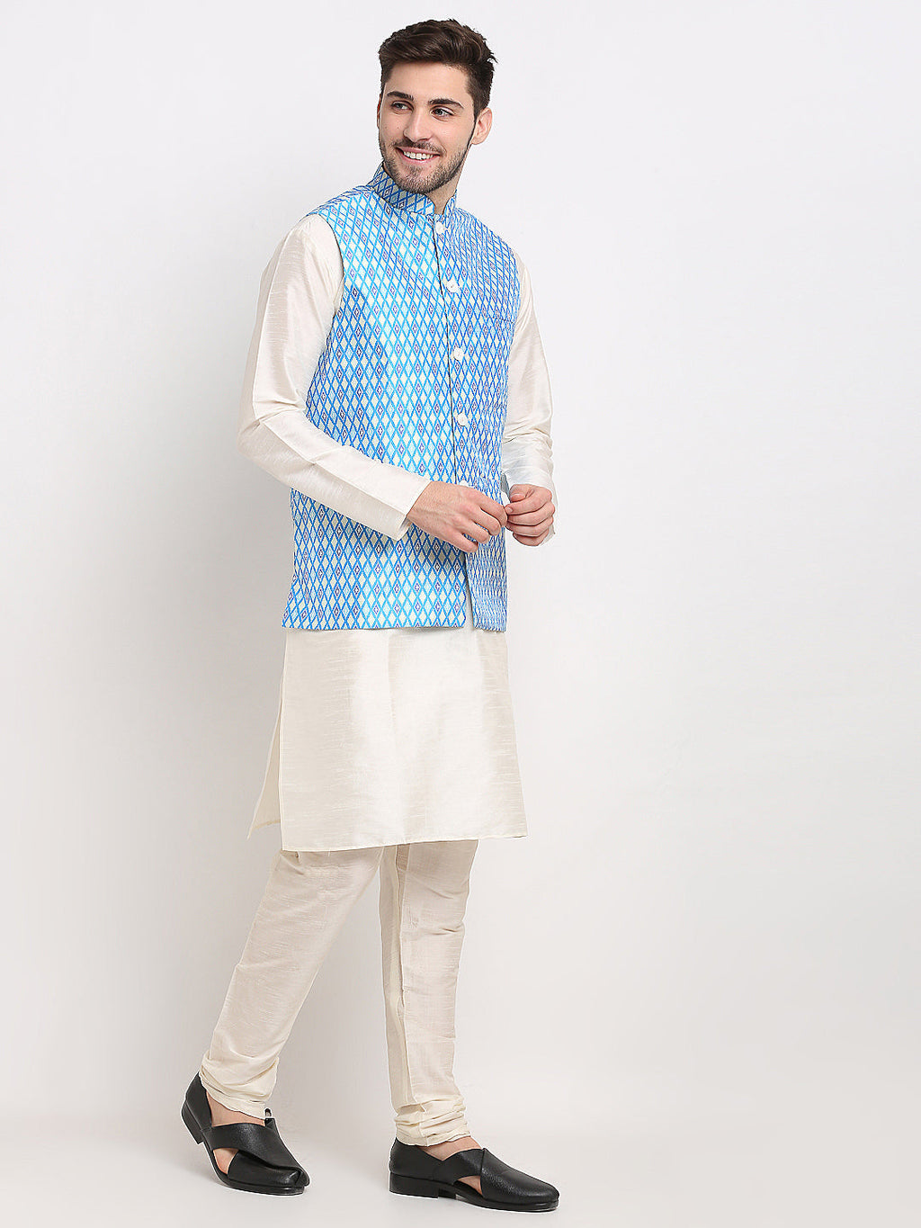 Jompers Men's Blue Ikat Printed Nehru Jacket | Grocsy