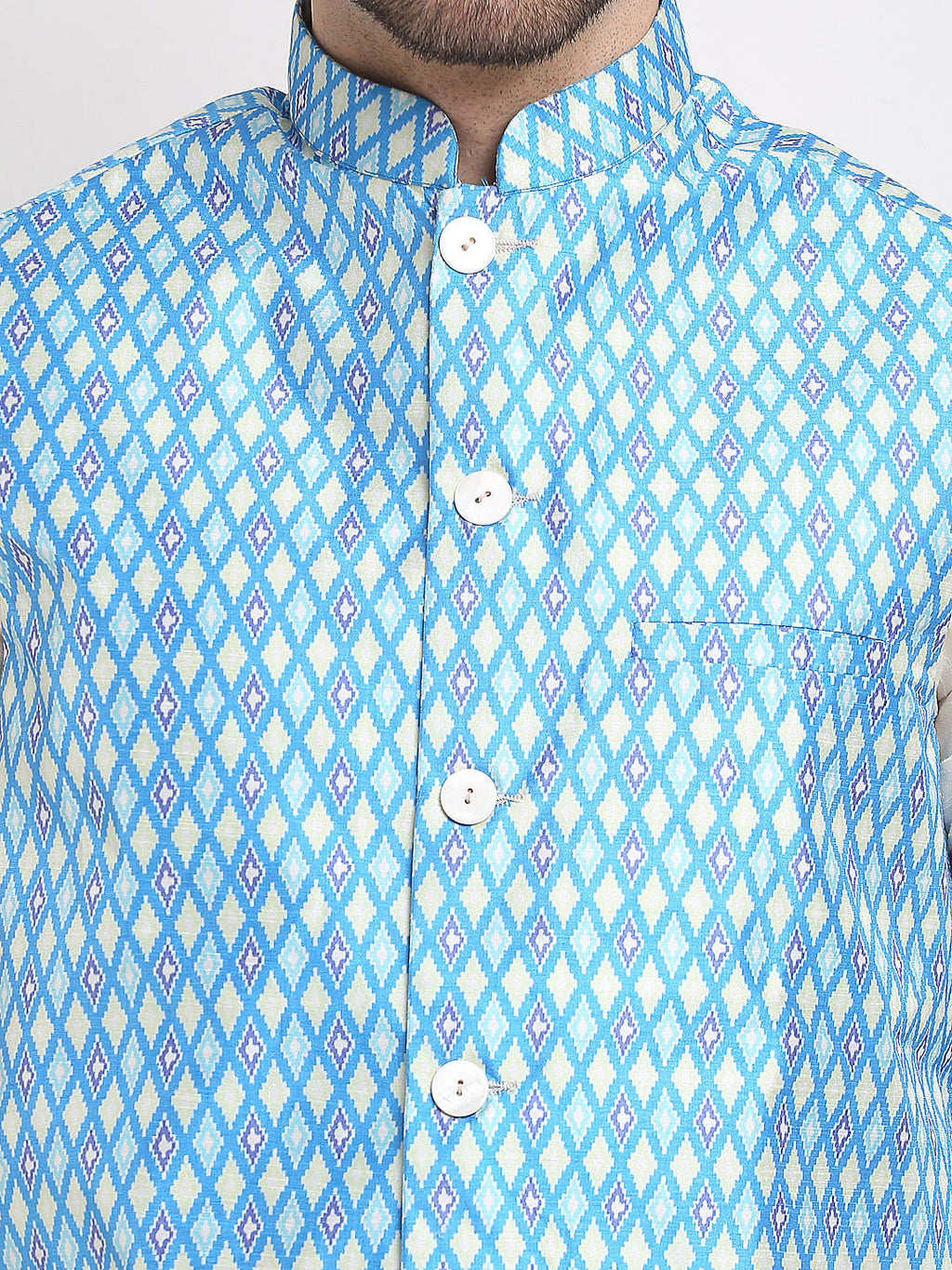 Jompers Men's Blue Ikat Printed Nehru Jacket | Grocsy